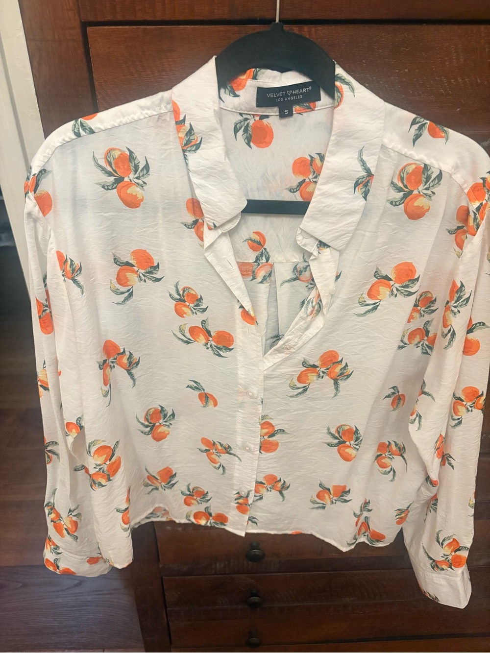 Velvet Heart White Button-Front Shirt with Orange Fruit Print